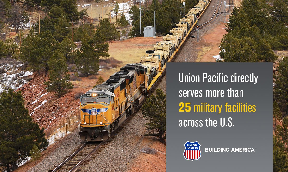 UnionPacific's tweet photo. We’re proud to support our nation’s Armed Forces, providing a critical link for military equipment being transported between bases. It’s one way we’re #BuildingAmerica. Learn more at https://t.co/FbaWiy8wNf #TheMoreYouKnow https://t.co/T182HCVmEE