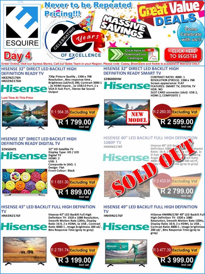 esquireSA's tweet photo. Get Crazy prices on all Hisense TV’s Come to our Xpress stores in Midrand, Cape Town and Durban or call 0861 700 000 https://t.co/wq6IKtgqA4