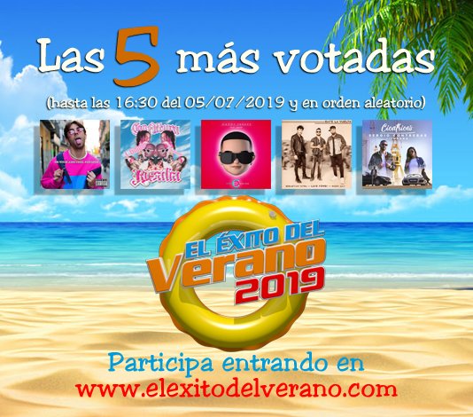 🏄‍♀️Nos vamos de finde repasando las 5 canciones más votadas por el momento 👏👏Si aún no has votado entra en elexitodelverano.com, lee las bases, escucha las canciones candidatas y mándanos tu participación. 🏄‍♂️
