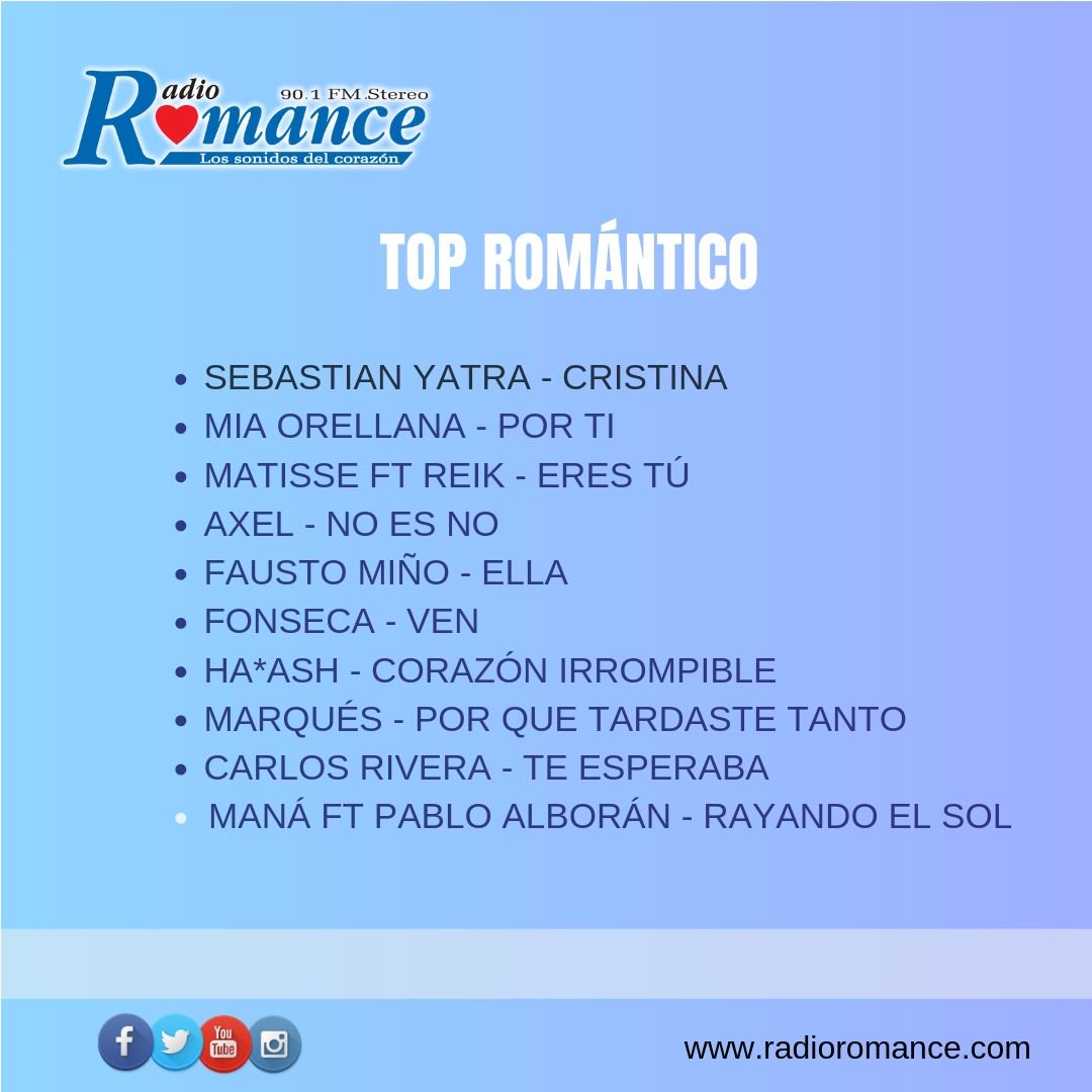 RadioRomanceFM's tweet photo. ¡Vota por tu canción favorita! #TopRomántico   
@SebastianYatra  
@Matisse_Mx ft @ReikMx  
@manaoficial ft  @pabloalboran  
@AxelOficial  
@faustominoz  
@haashoficial  
@miaorellanamusi  
@Fonseca   
@_CarlosRivera   
@MarquesMusica https://t.co/p8JnlHWVCr