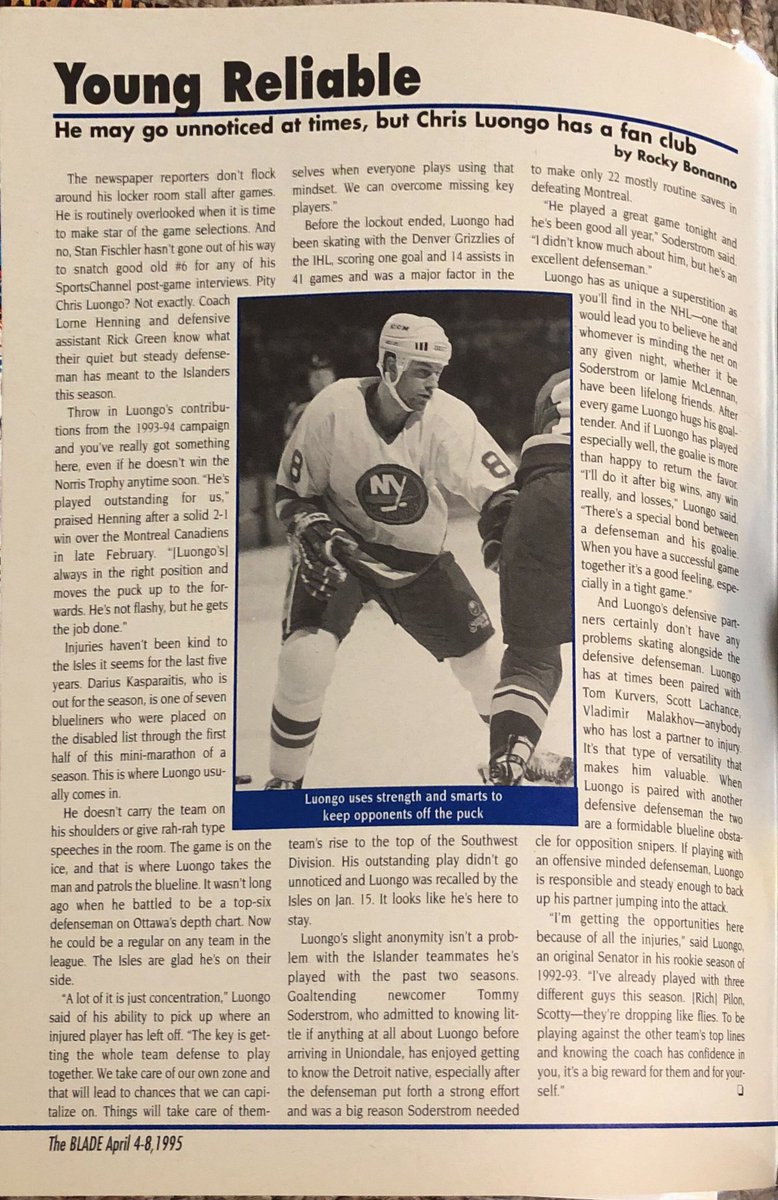 RealIslesICENET's tweet photo. “Young Reliable” Rocky Bonanno takes a look at #isles defenseman Chris Luongo in volume 2 issue 8 of the #theblade magazine April 4-8, 1995. #nyi #lgi #nyisles #islanders #islandersclassics #classicisles #oldtimehockey #hockeymagazines https://t.co/V17CdaK3xk