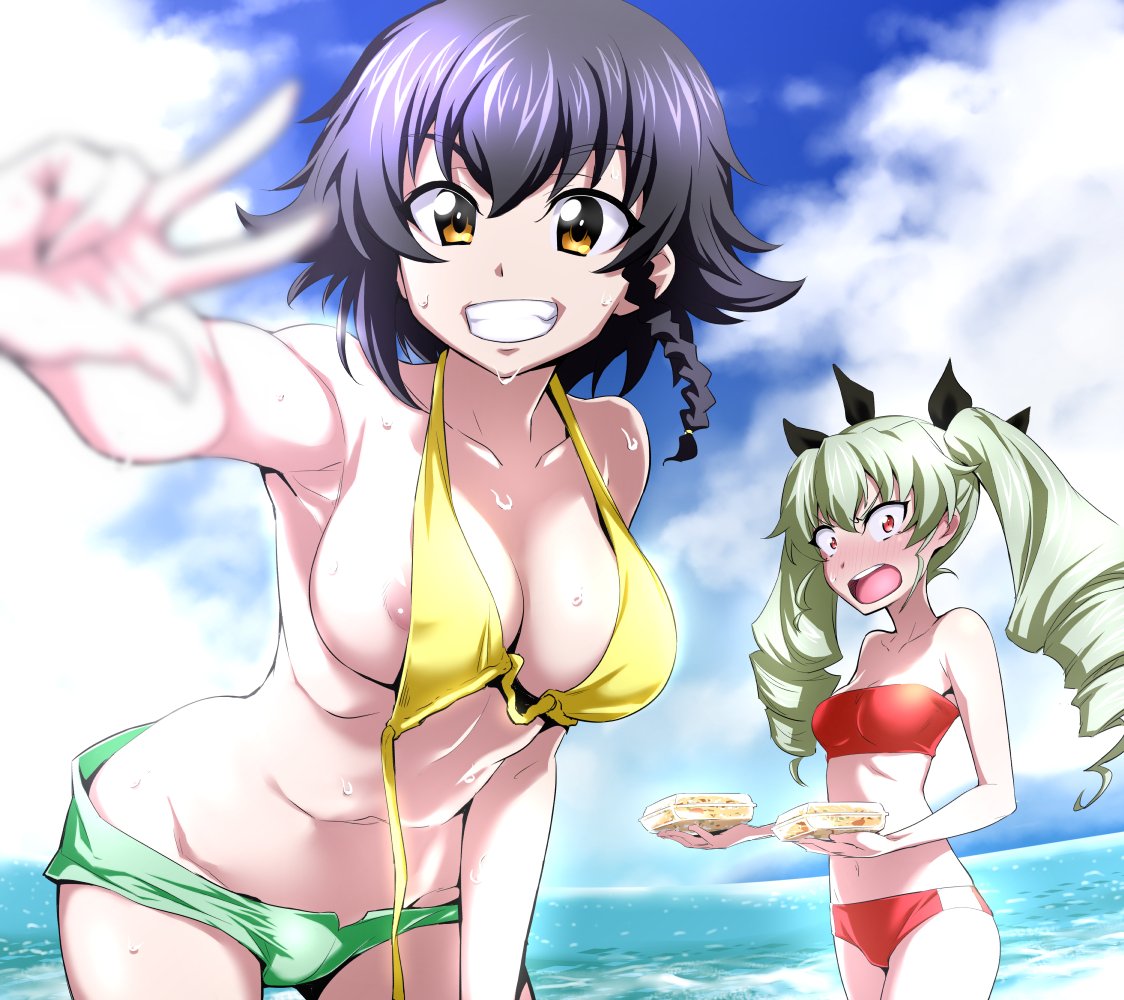 安藤(ガルパン) ,押田(ガルパン) 「いつも隊長ズなので今回は副隊長ズで(過去絵ですが) #ビキニの日 」|GUY(中平凱)のイラスト