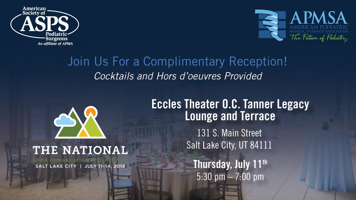 ASPSTweets's tweet photo. Join ASPS and APMSA for a Complimentary Reception at the National!

ASPS Members, APMSA Members, Residency Directors/Residents, and Podiatry Related Affiliates are Welcome to Attend

Register for the reception at https://t.co/FZvX3nzoWI
#APMA2019 #Podiatry https://t.co/JzmbjNo804