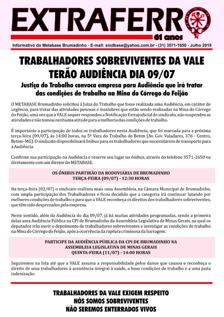 FTIEMG's tweet photo. O Metabase Brumadinho solicitou à Juíza do Trabalho que fosse realizada uma Audiência, em caráter de urgência, para tratar das atividades penosas e insalubres que estão sendo realizadas na Mina do Córrego do Feijão. A audiência vai ocorrer nesta terça (9). Leia mais no boletim. https://t.co/Ijk7pCYkIF