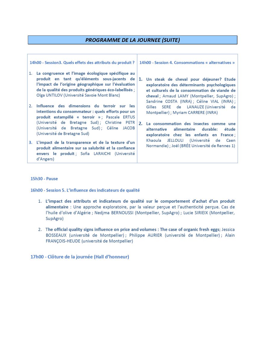 EmilieOrliange's tweet photo. L e programme de la 14ème journée du marketing agroalimentaire de l'AFM (Association Française de Marketing) qui aura lieu à Montpellier le vendredi 20 septembre est disponible!Vous me trouverez dans la session des posters, à partir de 13h15! #AFMAM2019 #artsdefaireculinaires https://t.co/IUQn758a7U