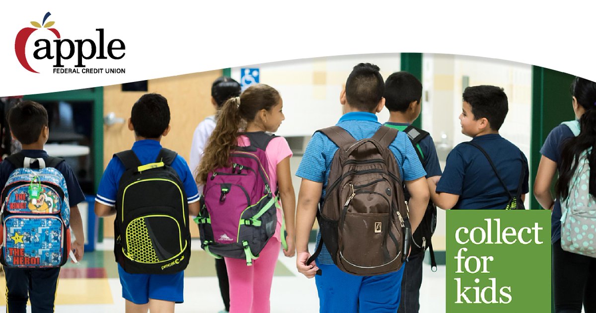 AppleFederalCU's tweet photo. 🍎🎒📚 Help local kids living in poverty by donating the supplies they need to #succeed in school! Stop by your local branch to help @CollectForKids or give online and we’ll take care of it: https://t.co/epvPORFEUT $25 = a 🎒 filled with supplies! #CollectForKids https://t.co/RUrxIgZB1L