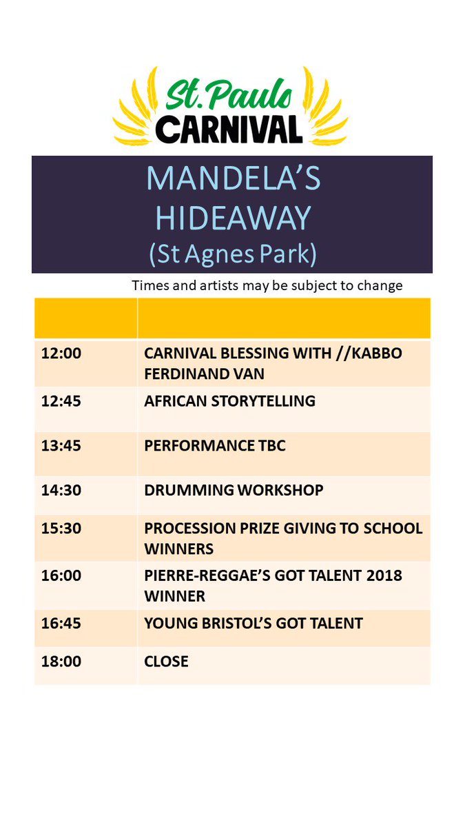 See below the full lineup for all four main stages at tomorrow's #carnival, including start times and act names. Click the link to read a description of what else to expect at the Mandela’s Hideaway: bit.ly/2LFCmIw #StPaulsCarnival