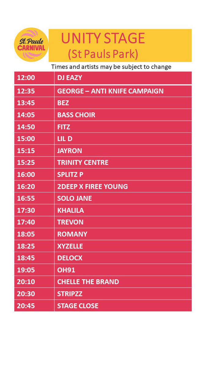 StPaulsCRNVL's tweet photo. See below the full lineup for all four main stages at tomorrow's #carnival, including start times and act names. Click the link to read a description of what else to expect at the Mandela’s Hideaway: https://t.co/0ooY9lzSHd #StPaulsCarnival https://t.co/HBWY4rsep5