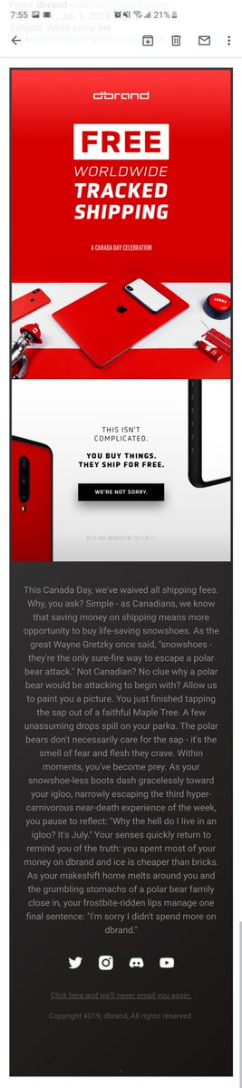 laundryMMATT's tweet photo. @dbrand is the only company I love receiving marketing emails from (the Canada day email was way better tho) https://t.co/0cDoR6BTDA