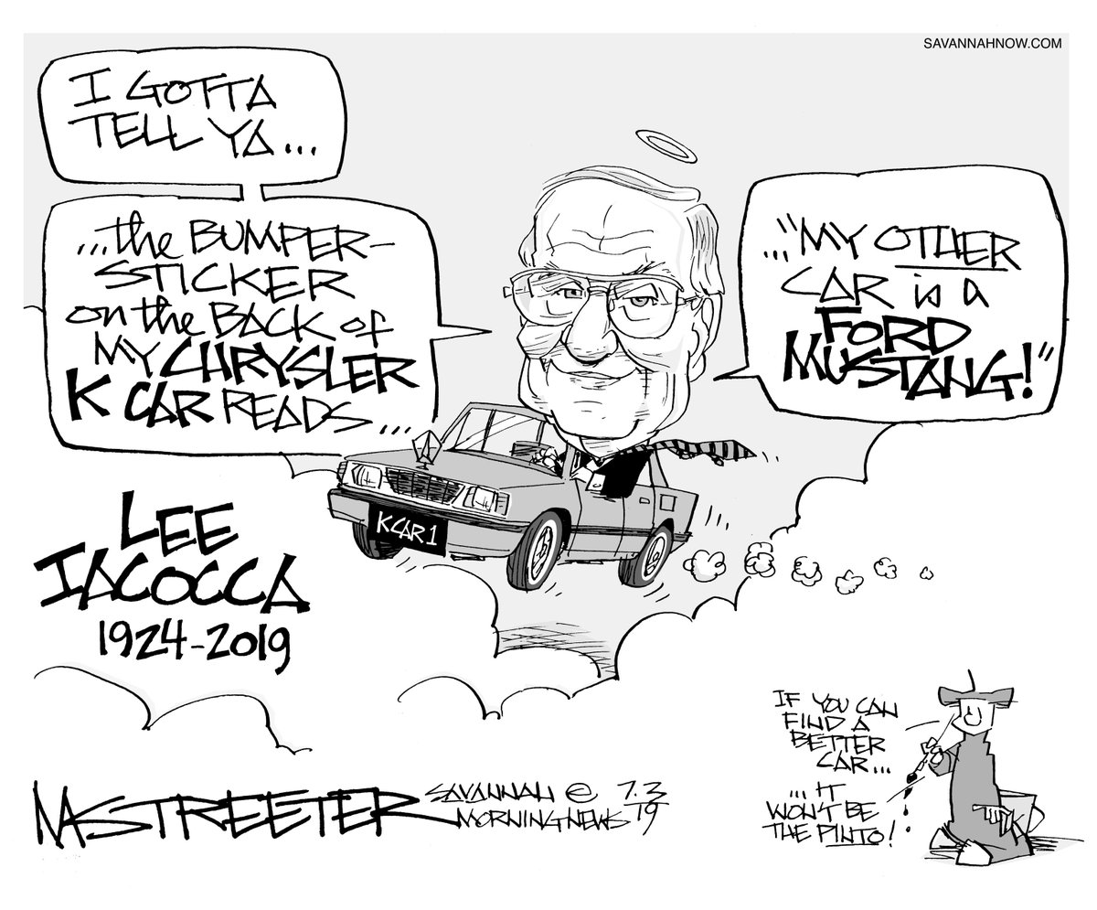MarkStreeterSMN's tweet photo. The last ride for a true Detroit car guy. My other car, as I've mentioned before, is the Monkeemobile.  Friday's SMN cartoon: "Celebrity CEO" #Savannah @SavannahOpinion #StreeterCartoon #Iacocca #Detroit #FordMustang #FordPinto #KCar #Monkeemobile https://t.co/TnYiez0cLe