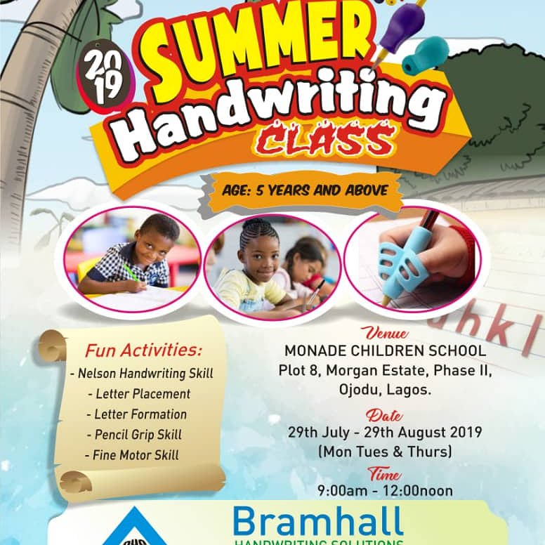 TolulopeOderin1's tweet photo. Hello dear parents, it's time for 2019 Summer Handwriting Class with Bramhall Handwriting Solutions. Call 08036289167 today to register your kids for the best solution to poor handwriting &amp; to help improve your child's self esteem. #schoolinLagos #schools #Parents #Summer2019 https://t.co/HsIwXB0JDE