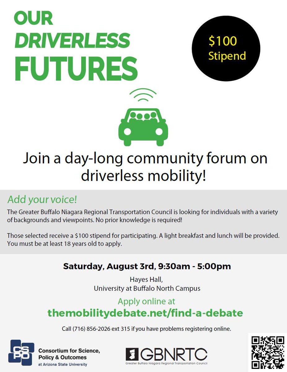 The Greater Buffalo-Niagara Regional Transportation Council is looking for participants for the “Our Driverless Futures” public forum about driverless mobility on Saturday, August 3, 9:30am-5:00pm. Those without internet access can call (716) 856-2026 ext. 315 to register.