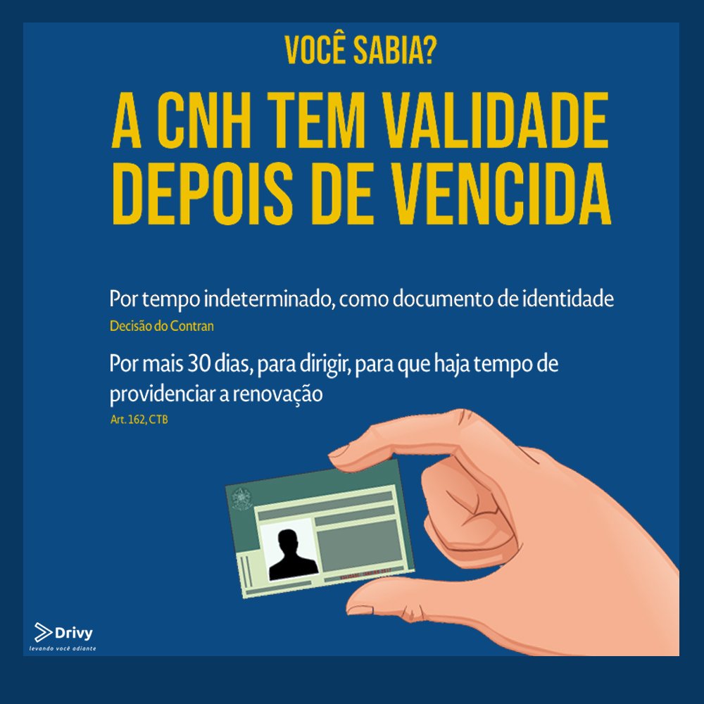 Drivy8's tweet image. Sim, vc pode dirigir com a carteira de habilitação vencida até 30 dias depois da data de validade. Quem for pego com a CNH vencida estará cometendo uma infração gravíssima sujeita à multa. Vc pode utilizar a CNH vencida apenas como documento pessoal de identificação, é permitido.