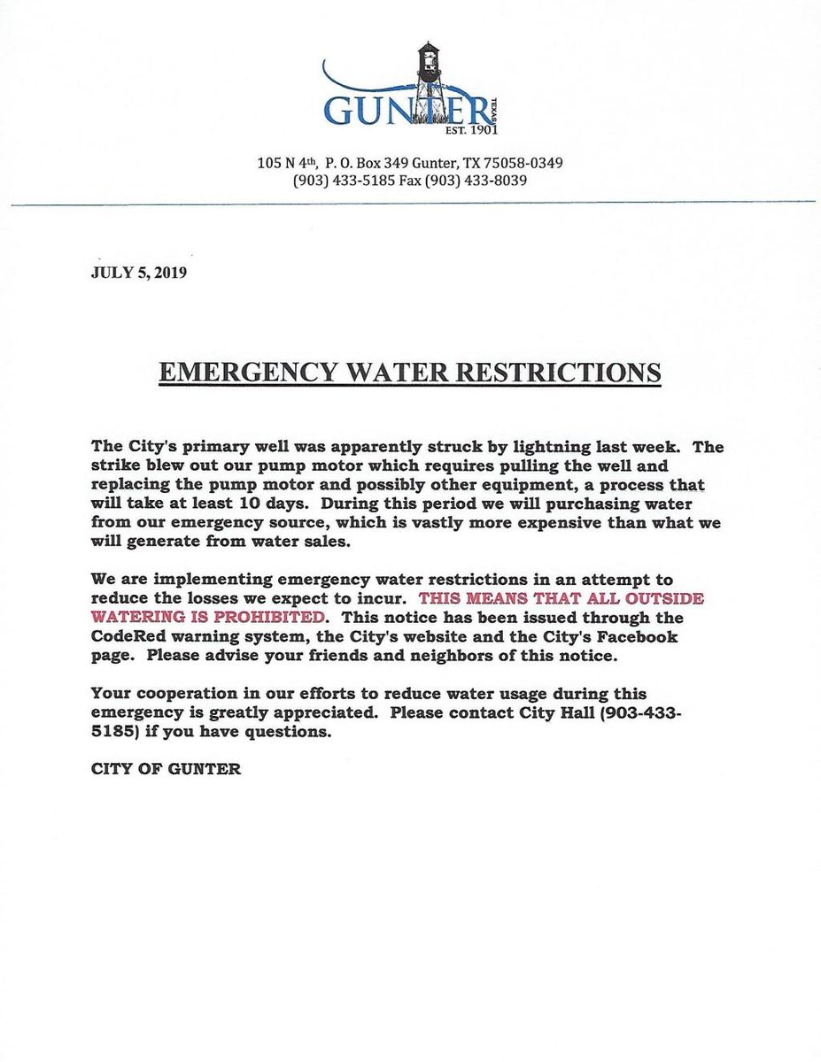 EMERGENCY WATER RESTRICTIONS guntertx.gov/2019/07/05/eme…