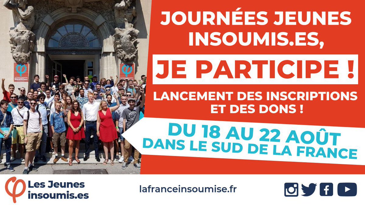 InsoumisJeunes's tweet photo. 🔴 LES JOURNÉES JEUNES INSOUMIS•ES : DEUXIÈME ÉDITION 

📆 Du 18 au 22 août 
📍 Sud de la France !

💸 Faites un don pour l'organisation de l'événement  : https://t.co/gRIyuv1gYF
📣 Pré-inscription : https://t.co/AkEDHRTIAN https://t.co/GL1BmoejVl