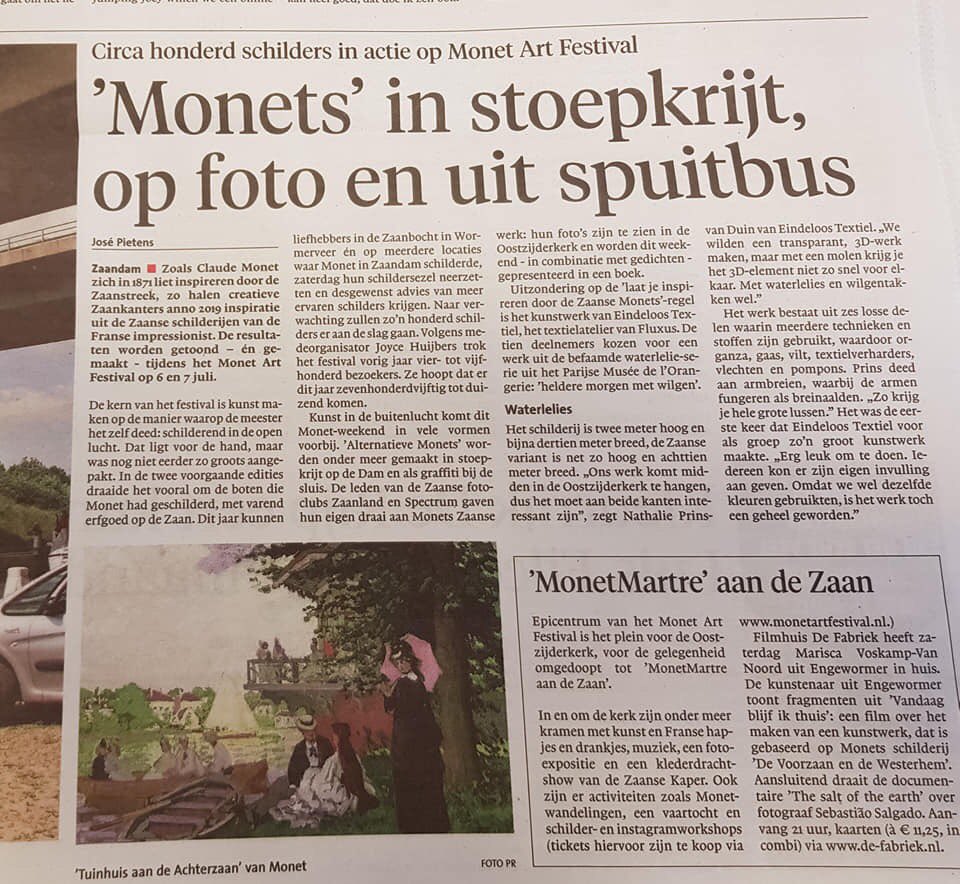 NHD en De Telegraaf. 
Waarom? Monet Art Festival!!! 
Zien we je morgen of overmorgen?
Het hele programma vind je hier:
monetartfestival.nl/activiteiten/