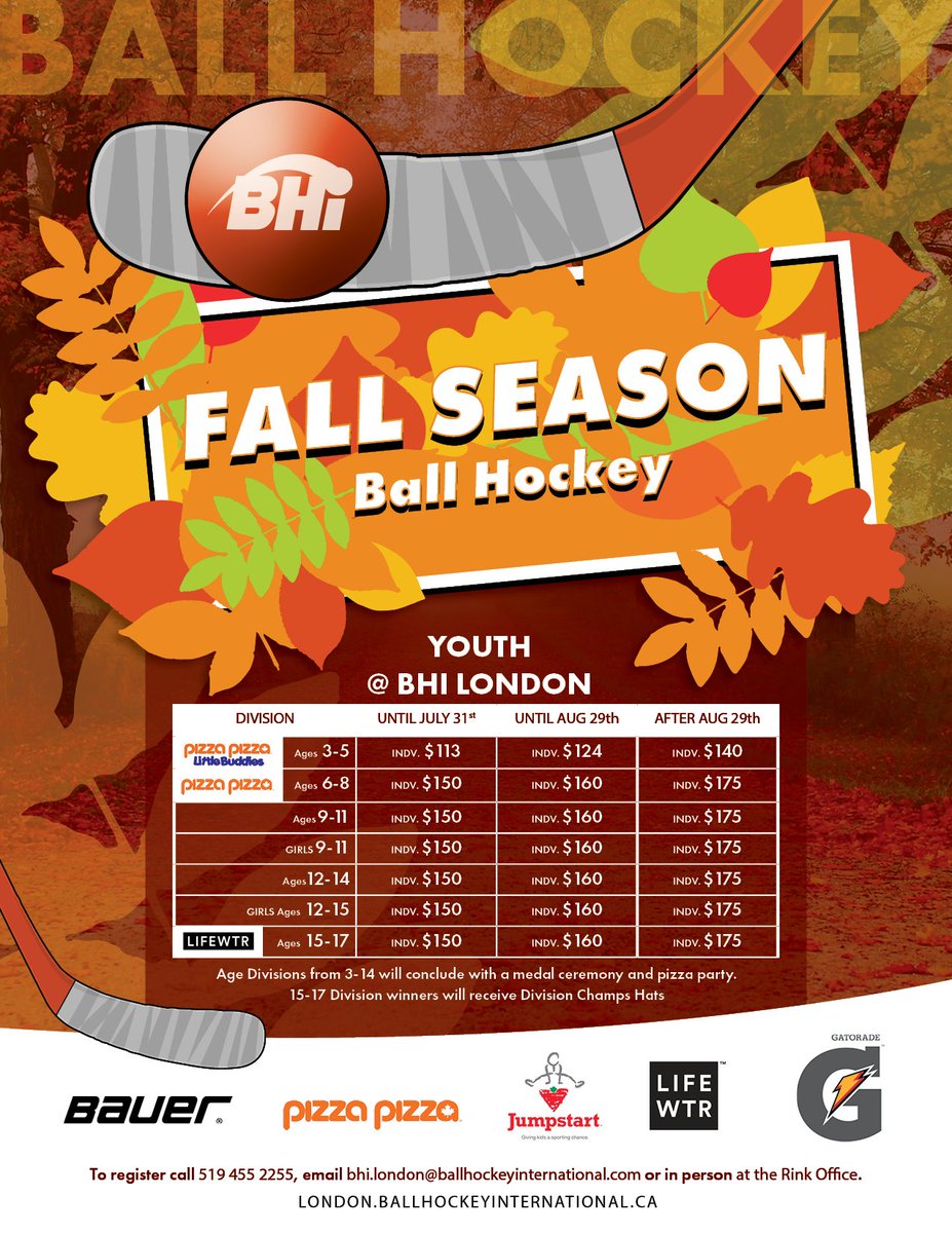 Registration for the Fall season at BHi is now open!  Register by July 31 and save on the registration fees.  ow.ly/g6mF50uUjc1  #ballhockey #fallseason #streethockey #dekhockey
