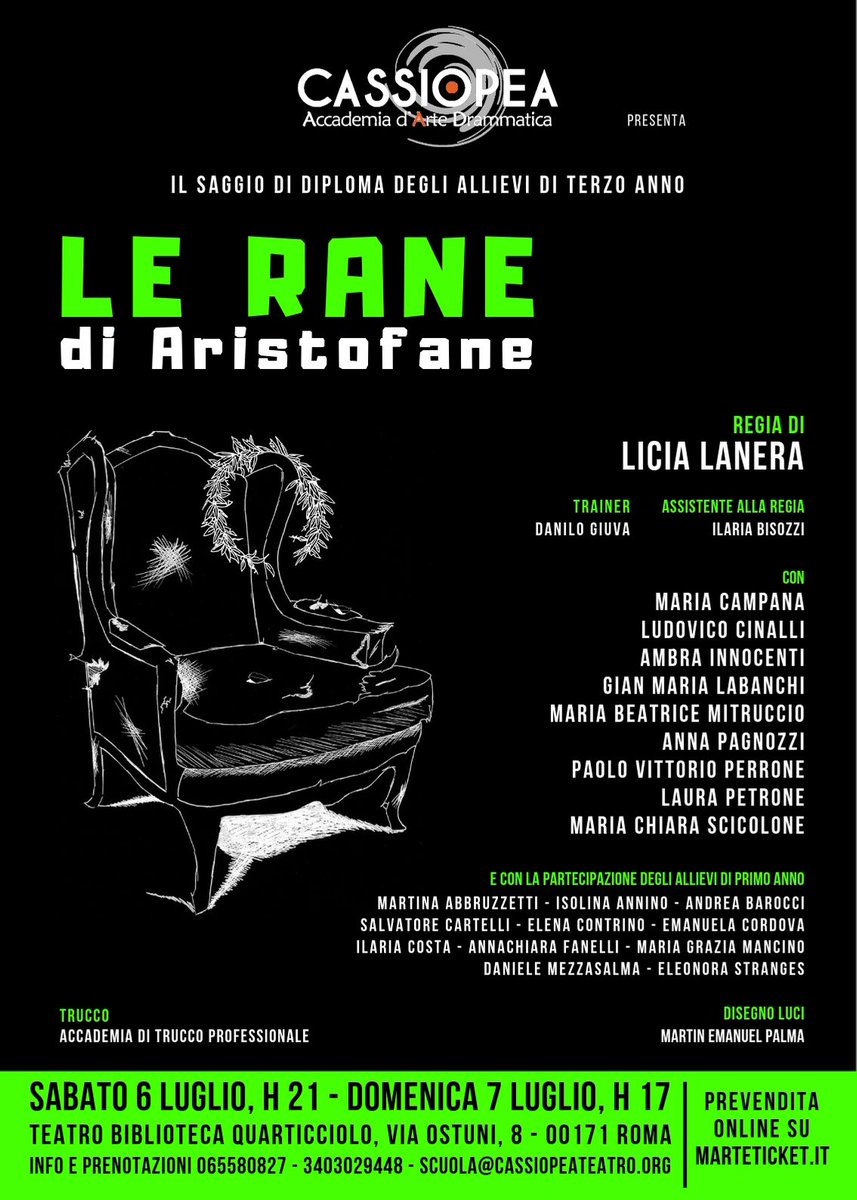 🐸 LE RANE di #Aristofane vi aspetta al #Teatro Biblioteca #Quarticciolo
regia di Licia #Lanera
6-7 #luglio
ACQUISTA #BIGLIETTO IN #PREVENDITA:
marteticket.it/eventi

#spettacolo #saggio #lerane #aristofane #commedia #tragedia #greca #accademia #cassiopea #scuola #recitazione