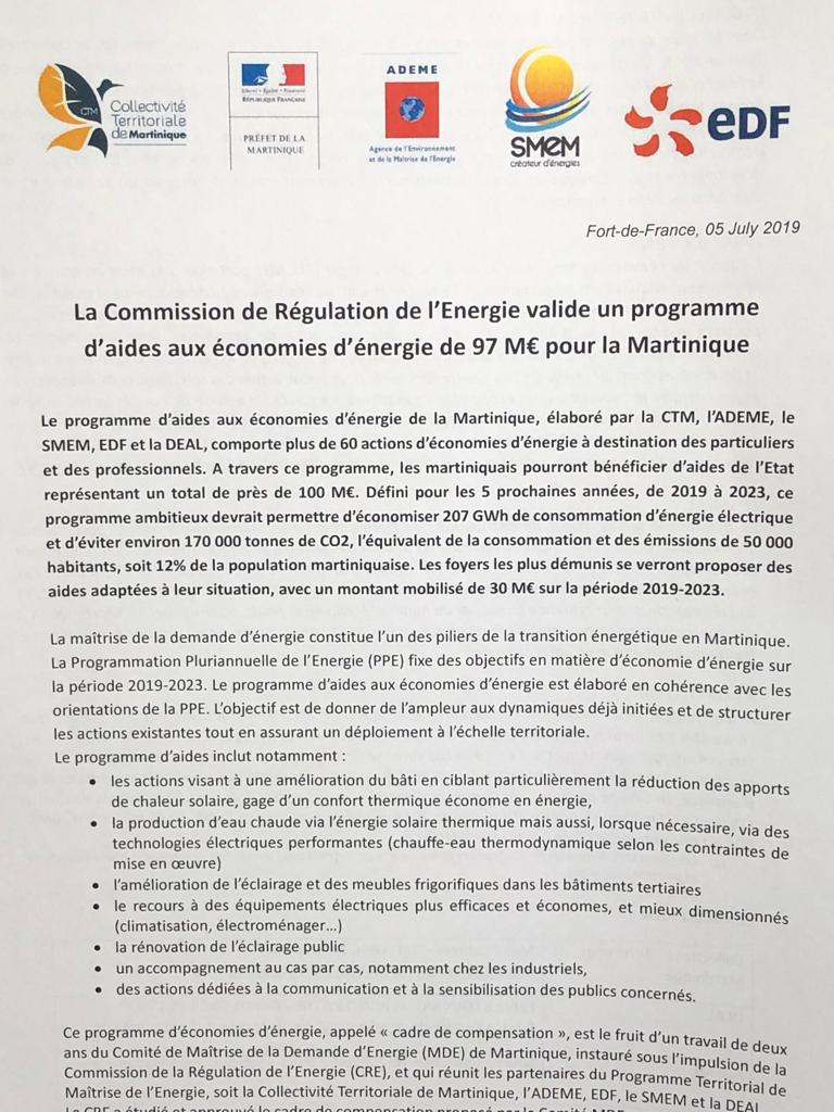 La commission de régulation de l’énergie valide un programme d'aides aux économies d’énergie pour la Martinique. Le programme annoncé porte sur près de 100 millions d’euros sur la période 2019-2023.