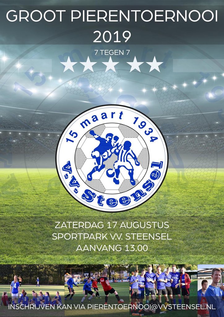 Het laatste weekend van de vakantie vieren we met een 7x7 toernooi bij VV Steensel. We houden rekening met 35+ en dames teams. Aansluitend is er een spetterende feestavond. Een RT wordt zeer gewaardeerd