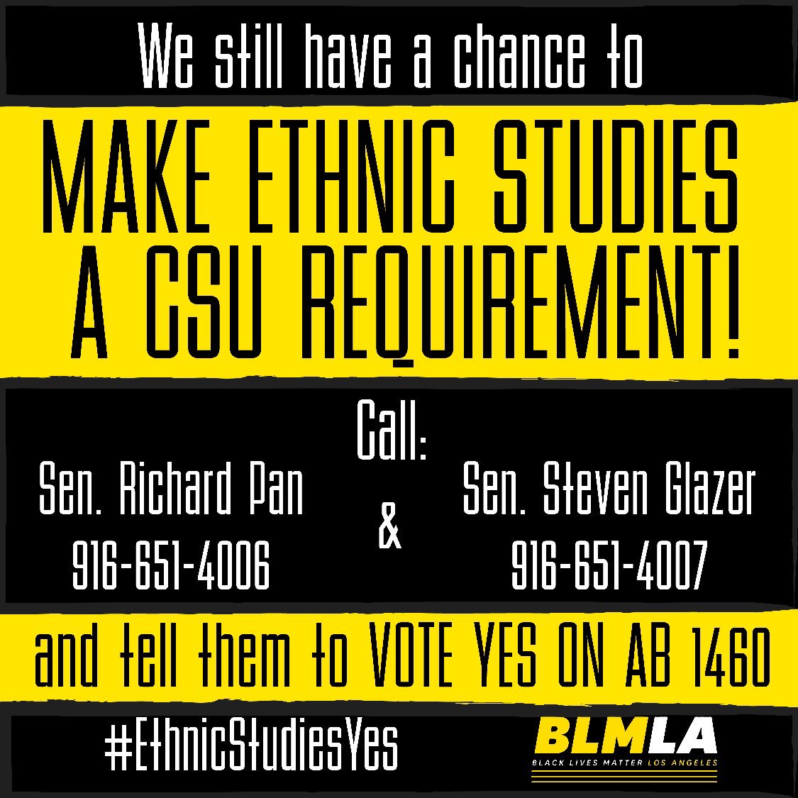 BLMLA's tweet photo. In 1968, the Black Panther Party fought alongside students to win Black Studies as one of the most enduring victories of the Black Power Movement. 50 years later @Blklivesmatter is working to defend it. 
PLEASE MAKE TWO CALLS TODAY AND MAKE ETHNIC STUDIES A CAL STATE REQUIREMENT! https://t.co/HoL4TBkwRP