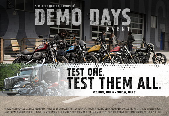 seminoleharleyd's tweet photo. Come test ride them all when the Harley-Davidson Demo Truck is here this weekend!  Bring your bike down and have our bikini babes lather it up on Saturday and then come back Sunday for Trivia!  Every demo ride enters you to win a Free 50" TV!  #seminoleharley #nobulljusthogs https://t.co/DfgUtxdAyI
