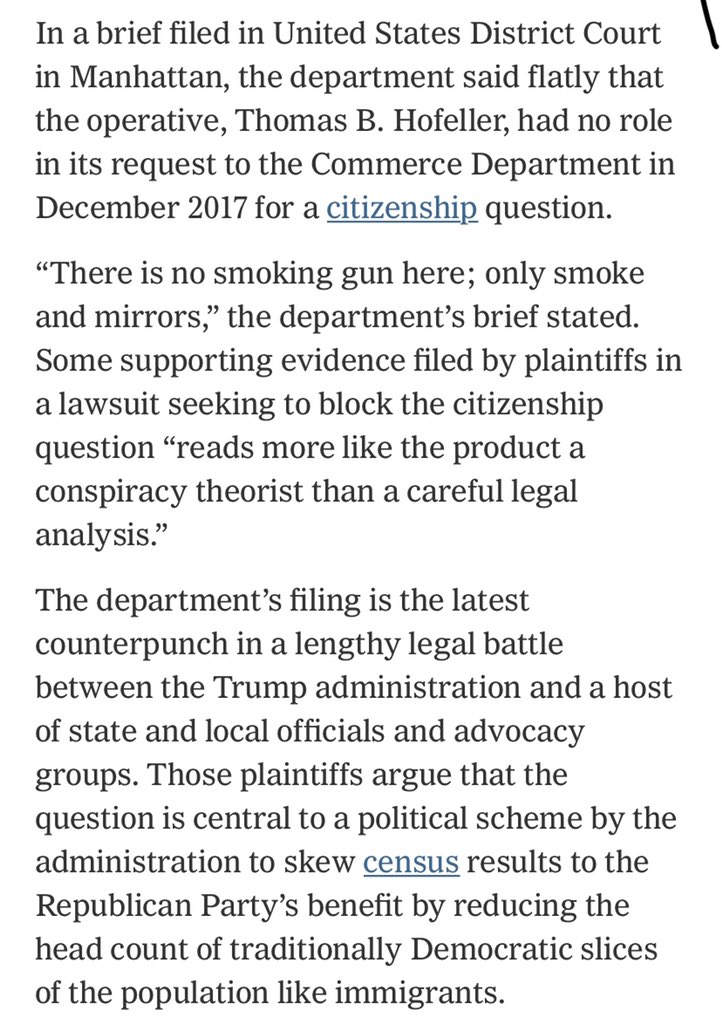 When the Hofeller files came out, the justice deparment insisted it was a “conspiracy theory” to say that the administration was doing what Trump has now admitted they were doing, which impose a nationwide racial gerrymander  https://www.nytimes.com/2019/06/03/us/census-citizenship-question-hofeller.html