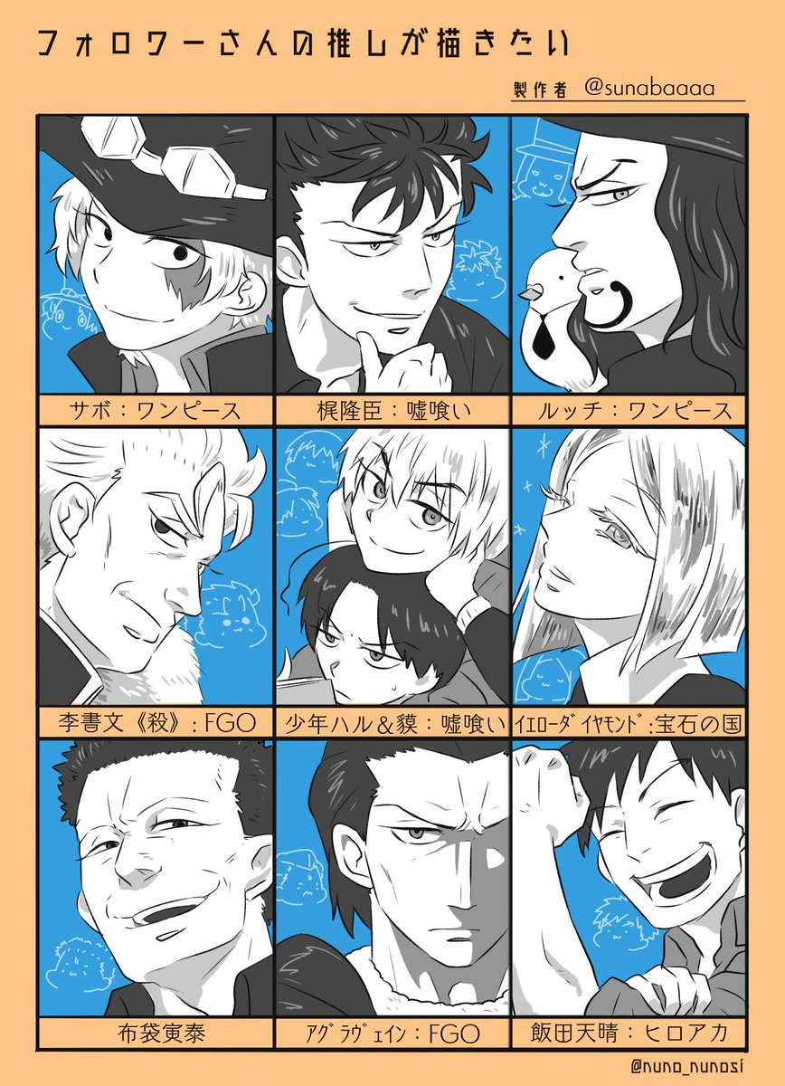 つちだ Ggg3 Bう1 フォロワーさんの推しが描きたい リクエストありがとうございました サボ ワンピース 梶くん うそぐい ルッチ ワンピース 老書文 Fgo 少年ハル 貘 うそぐい イエローダイヤモンド 宝石の国 布袋寅泰 アグラヴェイン つちだ Ggg3 Bう1 フォロワーさんの推しが描きたい リクエストありがとうございました サボ ワンピース 梶くん うそぐい ルッチ ワンピース 老書文 Fgo 少年ハル 貘 うそぐい イエローダイヤモンド 宝石の国 布袋寅泰 アグラヴェイン
