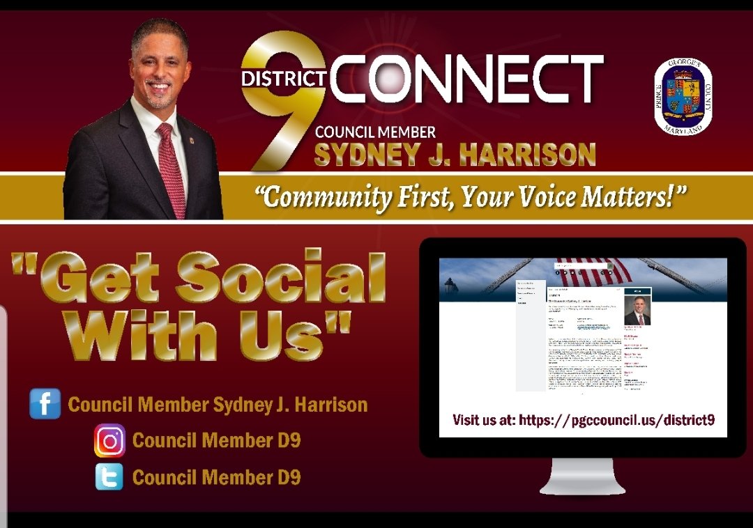 CouncilMemberD9's tweet photo. Let's "Get Social"; stay connected to District 9 via social media platforms and the web -- "Like" us on Facebook and "Follow" us on Instagram. #PrinceGeorgesProud #District9 https://t.co/ZNevnRO9YL