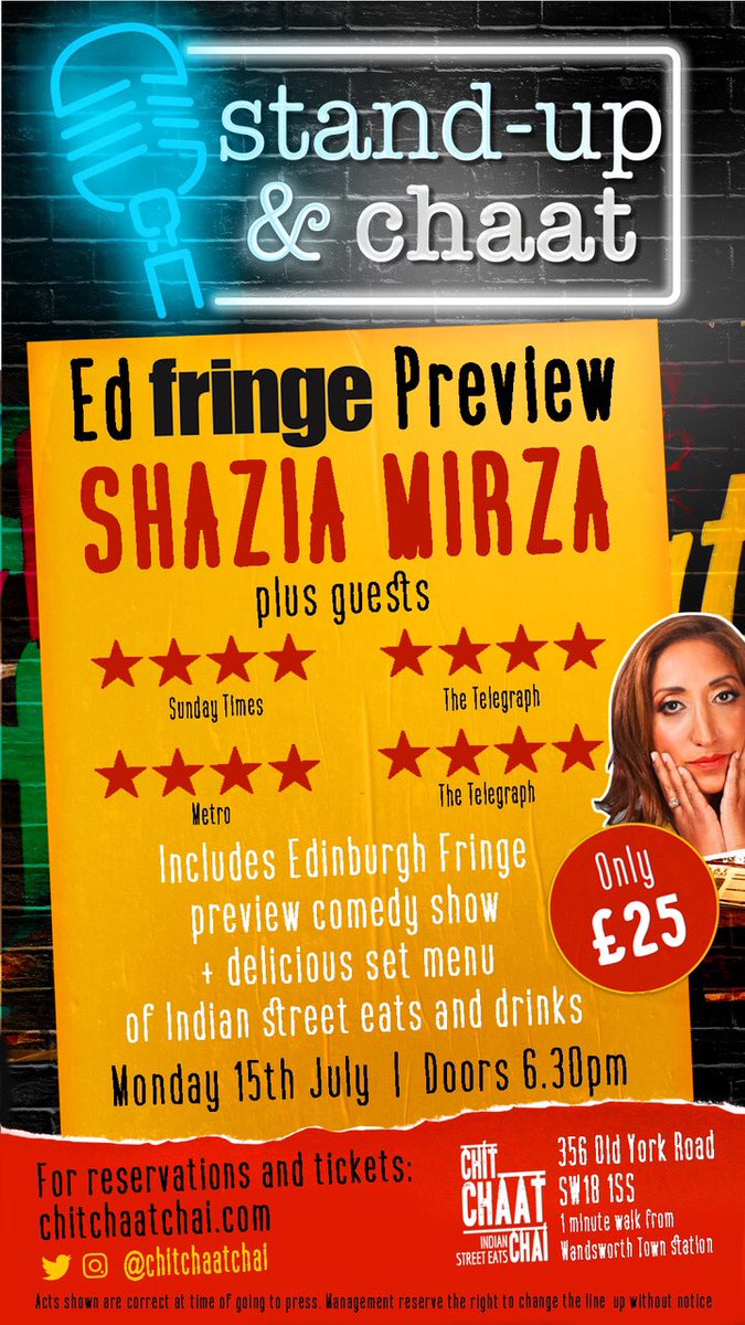 SionJamesComedy's tweet photo. Monday 15th July Chit Chaat Comedy @ChitChaatChai #Wandsworth Town @shaziamirza1 #Edfringe Preview plus  @Wisebowm #JacobHawley Tickets incl Comedy Show , tasty menu of Indian Street Eats &amp; a drink!**  Ltd Capacity Snap up Tickets: https://t.co/6qZe84SzYX #ChitChaatChai Pls RT https://t.co/tc5rGQltWJ