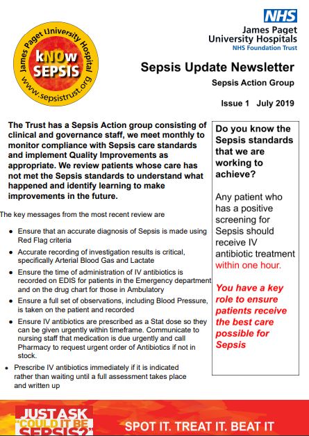 jpuh_quality's tweet photo. @JontyAtThePaget @JamesPagetNHS Look out for the Sepsis Action Group newsletter this week, key messages to further improve Sepsis care #kNOwSEPSIS https://t.co/KN7BaBOqWt