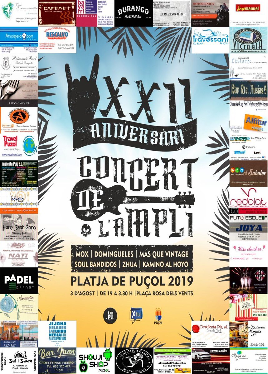 ¡¡Hola a tod@s!!
Bañador, 🍻cervecitas y ….🔥 ¡¡CONCIERTO DE ZHUA!! 🔥
Os dejamos el cartel del XXII aniversario de nuestros hermanos del L'Ampli. 
Os esperamos el sábado 3 de agosto en Playa de Puçol. ¡¡Abrazaco grande!!🤟🎸

#ZHUA #rock #Musica #Verano2019