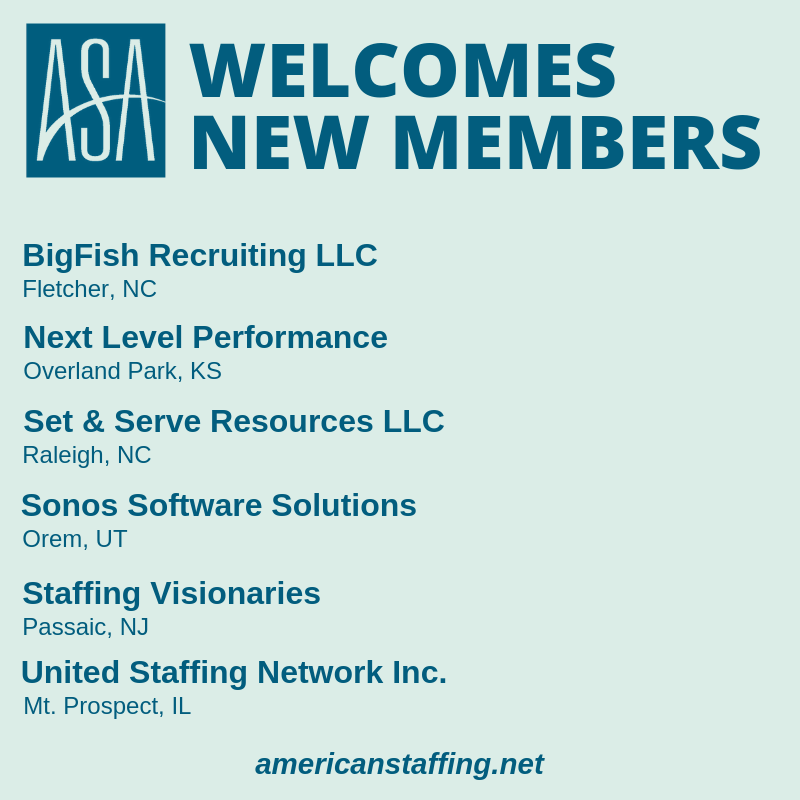 StaffingTweets's tweet photo. Welcome! Please let us know if you have questions about how to best take advantage of your new ASA membership @BigFishRecruit, @talentlocators, @sasrlink, Sonos Software Solutions, Staffing Visionaries & United Staffing Network Inc. https://t.co/DVSgv4YmZ8 #MyASA #Staffing https://t.co/f7ynJTISvm
