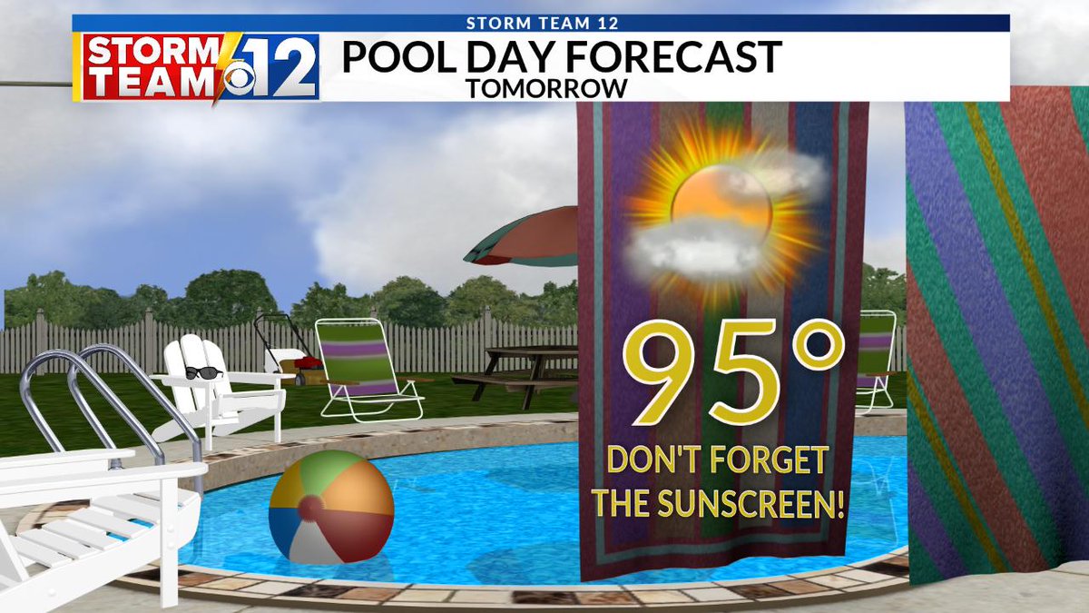 WJTV's tweet image. #SWELTERING...Some time in the pool will be a fine way to beat the heat tomorrow, with partly cloudy skies and highs in the mid 90s! Just look out for a rumble of thunder, and don't forget sunscreen! Get the latest forecast on the CW at 9 and WJTV at 10!