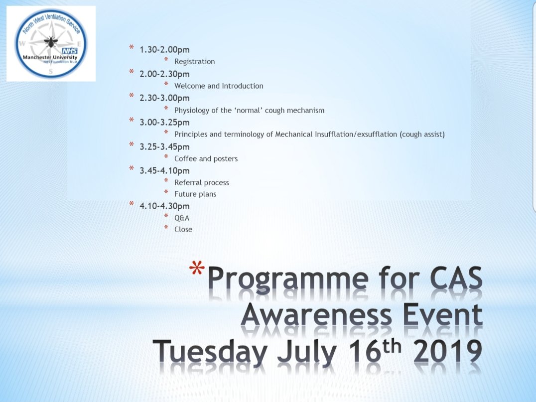 We are holding a Cough Augmentation Service Awareness Event on 16th July at Wythenshawe Hospital. If you would like to find out more about the service, register your interest and come along! See attachments for more details. Please contact shelley.holme@mft.nhs.uk <a href="/MFTnhs/">MFT NHS</a> <a href="/NWAHP/">NW AHP Network</a>