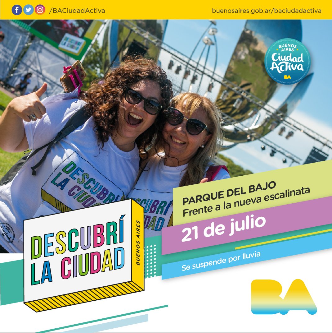 baciudadactiva's tweet photo. ¡Vuelve #DescubrílaCiudad! Te esperamos el 21 de julio en la Plazoleta Parque del Bajo. Vas a poder correr, caminar y utilizar el transporte público mientras resolvés las consignas con una aplicación en tu celular. ¡No te quedes afuera! Inscribite acá: https://t.co/zR1HTGrwP7 https://t.co/IgvQXPGNoQ