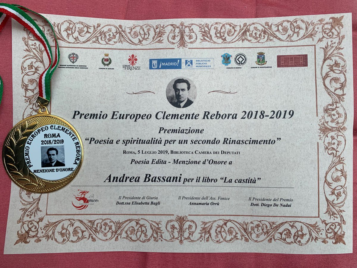 Nella magnifica cornice della Biblioteca della Camera dei Deputati, "La Castità" di Andrea Bassani ha ricevuto oggi la menzione d'onore al Premio Europeo Clemente Rebora