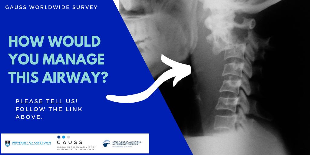 Anaesthetic providers! Please join our Global #airway management of the unstable cervical spine survey. It only takes a few minutes. Please do it here: is.gd/GAUSS . Make sure your country is well represented! @rosshofmeyr @UCTAnaesthesia