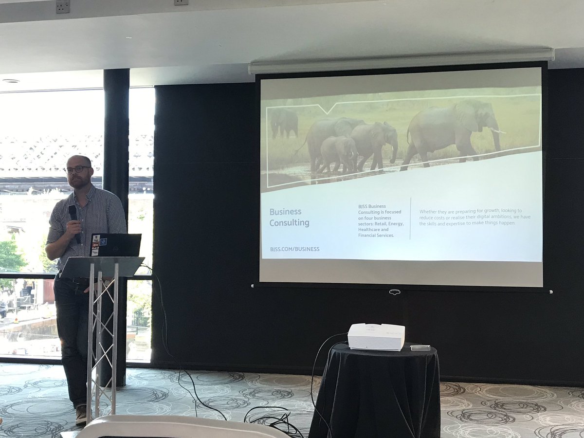 BullockStuart's tweet image. David Gore linking Business Consulting to a herd of Elephants in the @BJSSLtd Manchester town hall! 😳 #HadToBeThere @WhalleyMatt