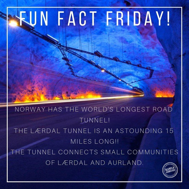 Fun Fact Friday!
- World's Longest Tunnel -
#RawlsAbroad
.
.
.
#LaerdalTunnel #Norway #Aurland #WorldsLongestTunnel  #FunFacts #Friday
<a href="/TTURawlsCollege/">Rawls College</a>