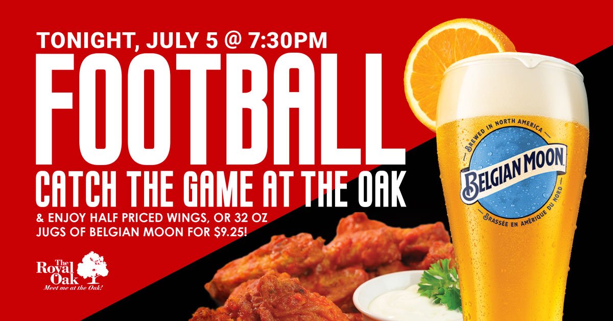 DowntownOak's tweet photo. Join us tonight for the game and enjoy half off wings! Also, enjoy 32 oz personal pitchers of Belgian Moon for only $9.25! #MeetMeAtTheOak https://t.co/AZ6e27oQdM