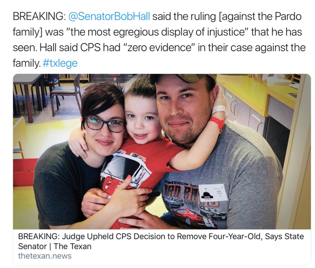 Texas: Judge Upholds  #CPS Decision to Remove 4 Year Old From Home of Ashley & Daniel Pardo of For “Child Medical Abuse” After Parents Requested Medical Treatment for Son’s Autism Diagnosed by Doctor @SenatorBobHall Says “Zero Evidence in Case” @POTUS  https://thetexan.news/bob-hall-judge-upheld-cps-decision-to-remove-four-year-old/
