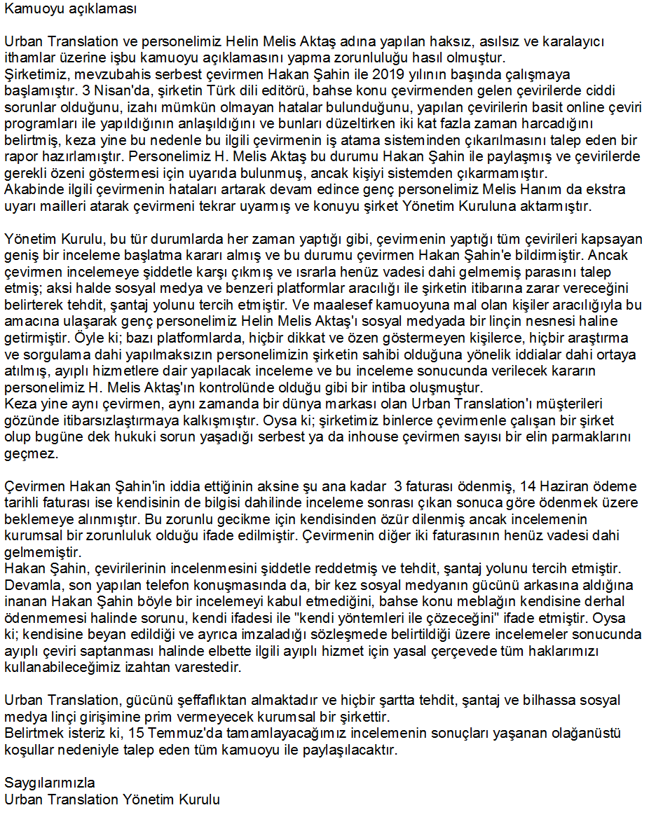 urban_tr's tweet photo. @sebla_kucuk Hanım,
Urban ile çalışırken içerde paranız kaldı mı? Emeğinizin karşılığı ödenmedi mi?
İsimleri ve soyisimleriyle kaç arkadaşınız mağdur oldu?
İyi bir çevirmen olarak siz, google translate yapan birine para ödenmesine razı olur musunuz?
Kamuoyu açıklamamız ektedir. https://t.co/1hOthIaLWw
