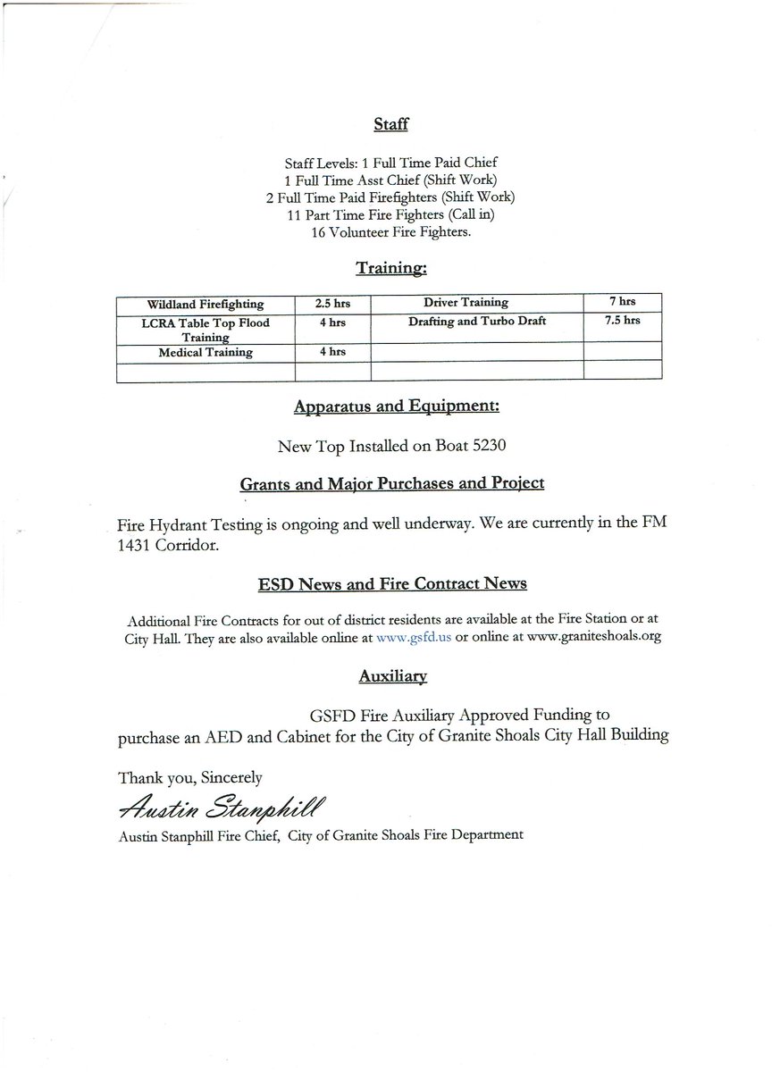 Granite Shoals Fire Department Monthly Report June 2019