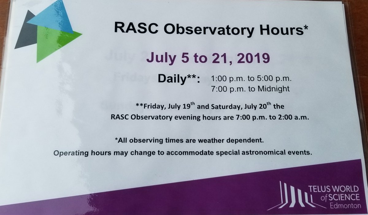 Announcing special extended hours of <a href="/RASC/">RASC National</a> Observatory <a href="/TWoSEdm/">TELUS World of Science - Edmonton</a> to mark 50th anniversary of Apollo 11.
July 05-21, open daily 1-5pm &amp; 7pm-MIDNIGHT. (Open to 2am on anniversary weekend, Jul 19-20 &amp; 20-21)
FREE public observing of Moon every (clear) evening, bonus Jupiter &amp; Saturn!