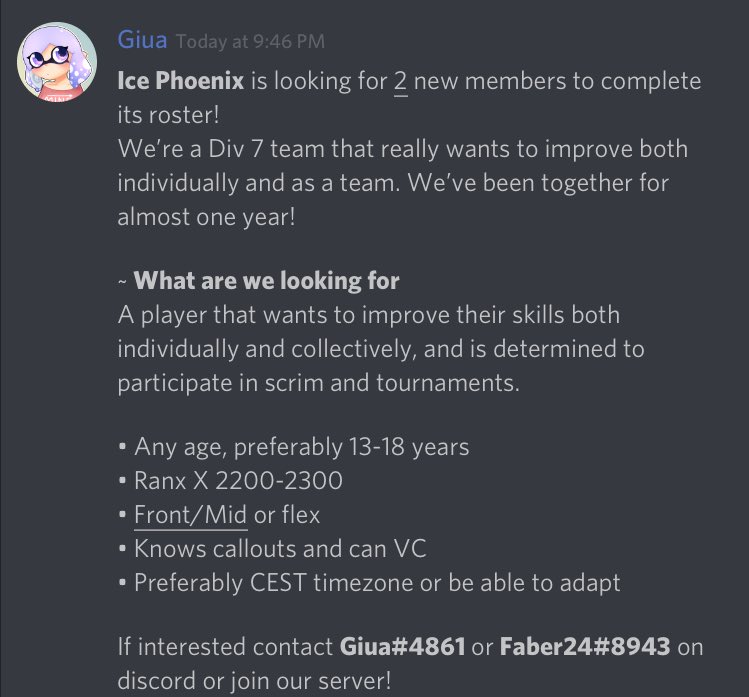IcePhoenix_spl's tweet photo. Hello! After lots of changes and a (too) long break we’re finally back! Our current roster is made of 5 people-
@Giua_jpg &amp; @Faber_24_, captains | @protopolpo @Loba_spl @Ila_Magic2004. We’ve decided to open up tryouts even for european players. Check them out!

RTs appreciated!! https://t.co/zzuaKF2GIx