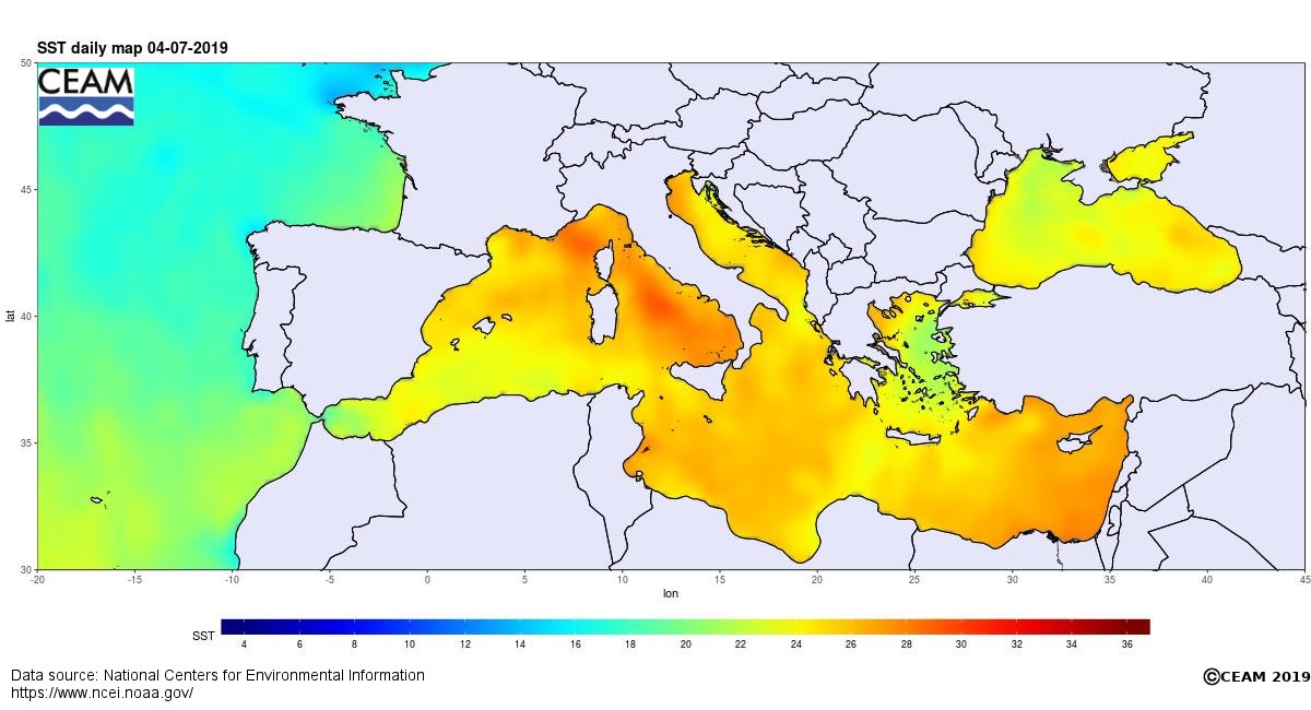 Le #temperature del Mar #Mediterraneo ieri, #4Luglio

Si raggiungono i 28-29 ºC, ben 4-5 ºC sopra #media

Eloquente è il suo #riscaldamento in 5 settimane che ha visto innalzamenti della sua temperatura di 6-8 ºC

Anche questo testimonia la #forza dell’ondata di caldo di #giugno