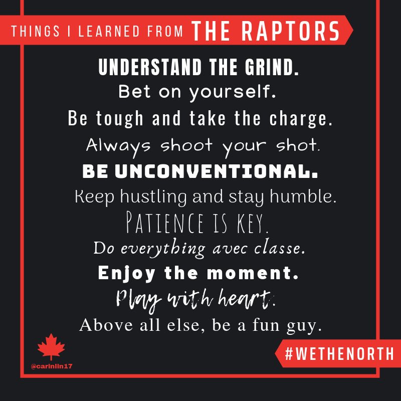 carinlin's tweet photo. Saluting the @Raptors who are not only Toronto’s team, but Canada’s team. The Raptors are a diverse group that pulled together, played with respect and proved all the doubters wrong through their hard work &amp; resilience. What could be more Canadian than that? 
#wethenorth #raptors https://t.co/YYCmuOAGjs