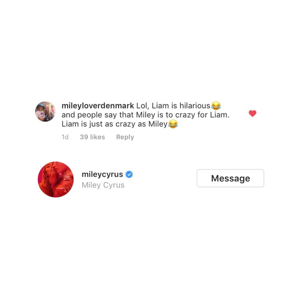 🌐 | Miley liked this comment about Liam on Instagram 💗