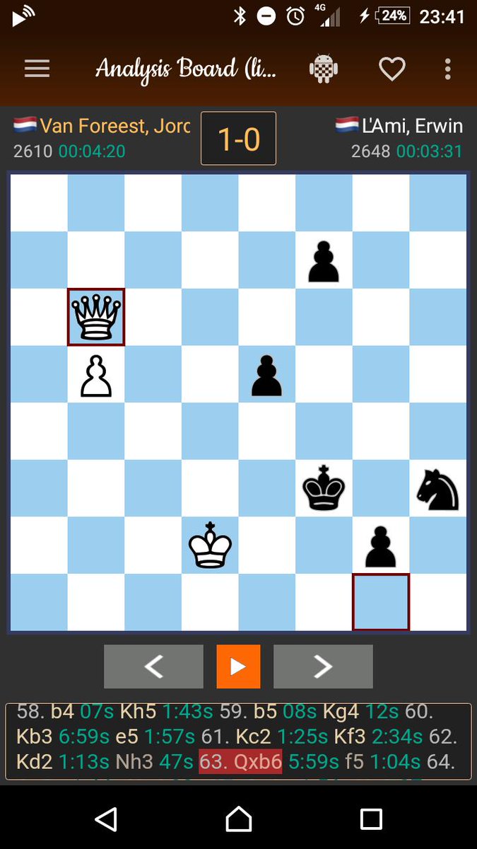 Had a great day during commentary at the Deloitte Dutch Championships. Having Ivan Sokolov join the stream was great, just like the crazy endgame in the Jorden van Foreest - Erwin l'Ami game. Little exercise from that game, black to move and draw:

<a href="/NKSchaken/">Deloitte NK Schaken</a> <a href="/schaakbond/">Koninklijke Nederlandse Schaakbond</a> #chess